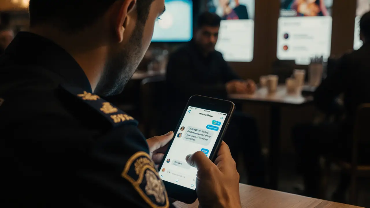 Police officer seizing a phone with escort messages in a Dubai café, digital evidence visible.