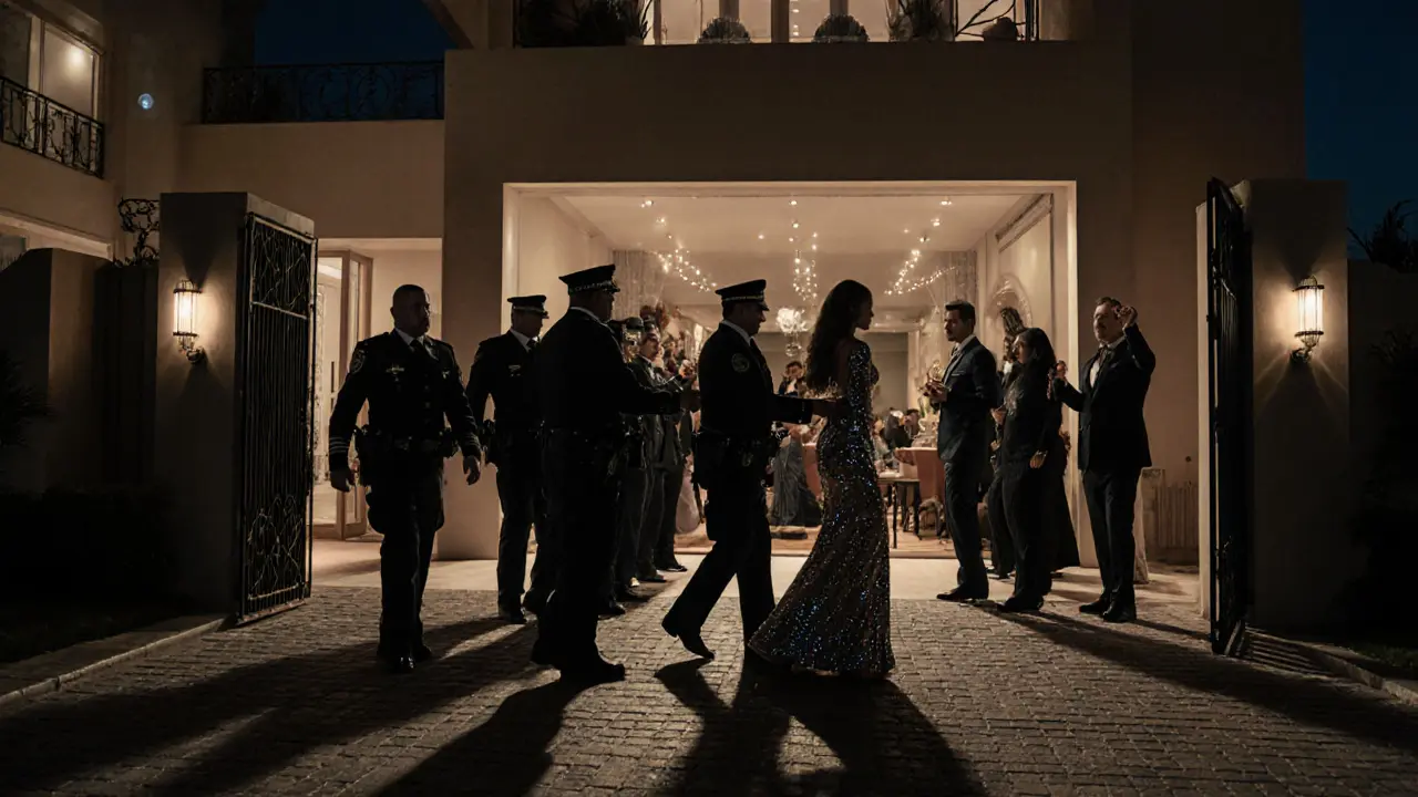 Police officers escorting guests from a private villa during a raid for illegal entertainment.