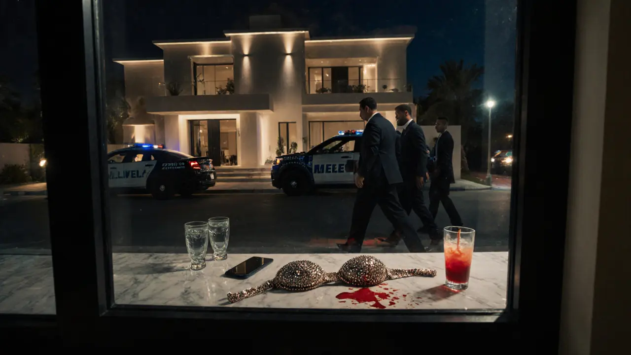 Police raid on a private Dubai villa, discarded revealing clothing on floor, authorities escorting a man away.