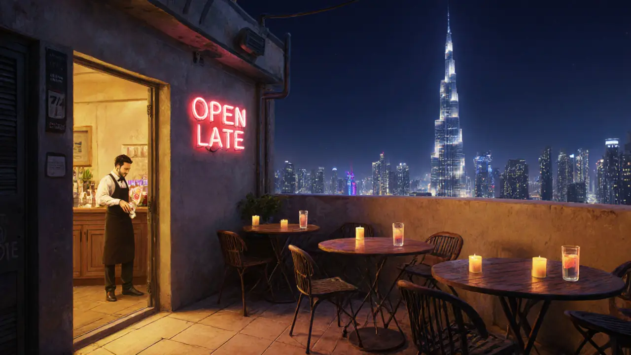 Secret rooftop terrace with candlelight and a view of Burj Khalifa, quiet and secluded.
