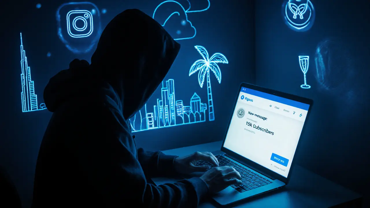 Shadowed figure in dark room with Dubai projections and crypto interface, symbolizing anonymous digital entrepreneurship.