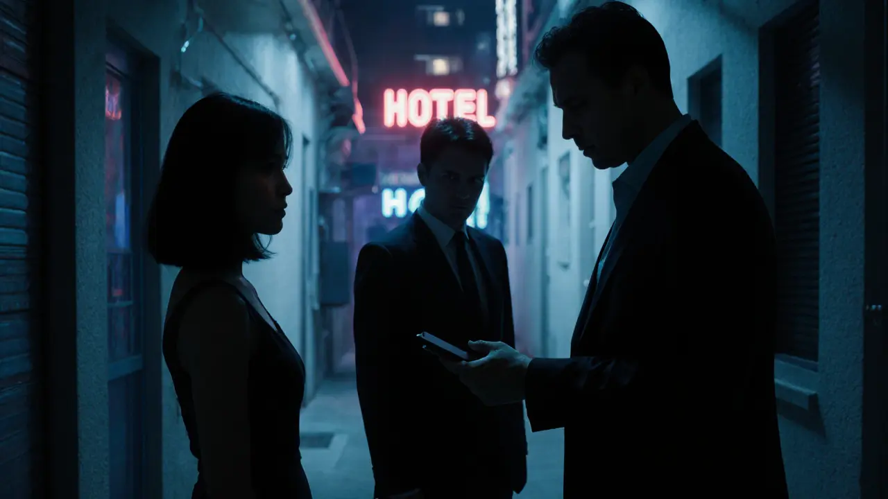 Silhouettes of a sex worker, client, and intermediary in a Dubai alley, bathed in noir lighting, conveying hidden transactions and power dynamics.