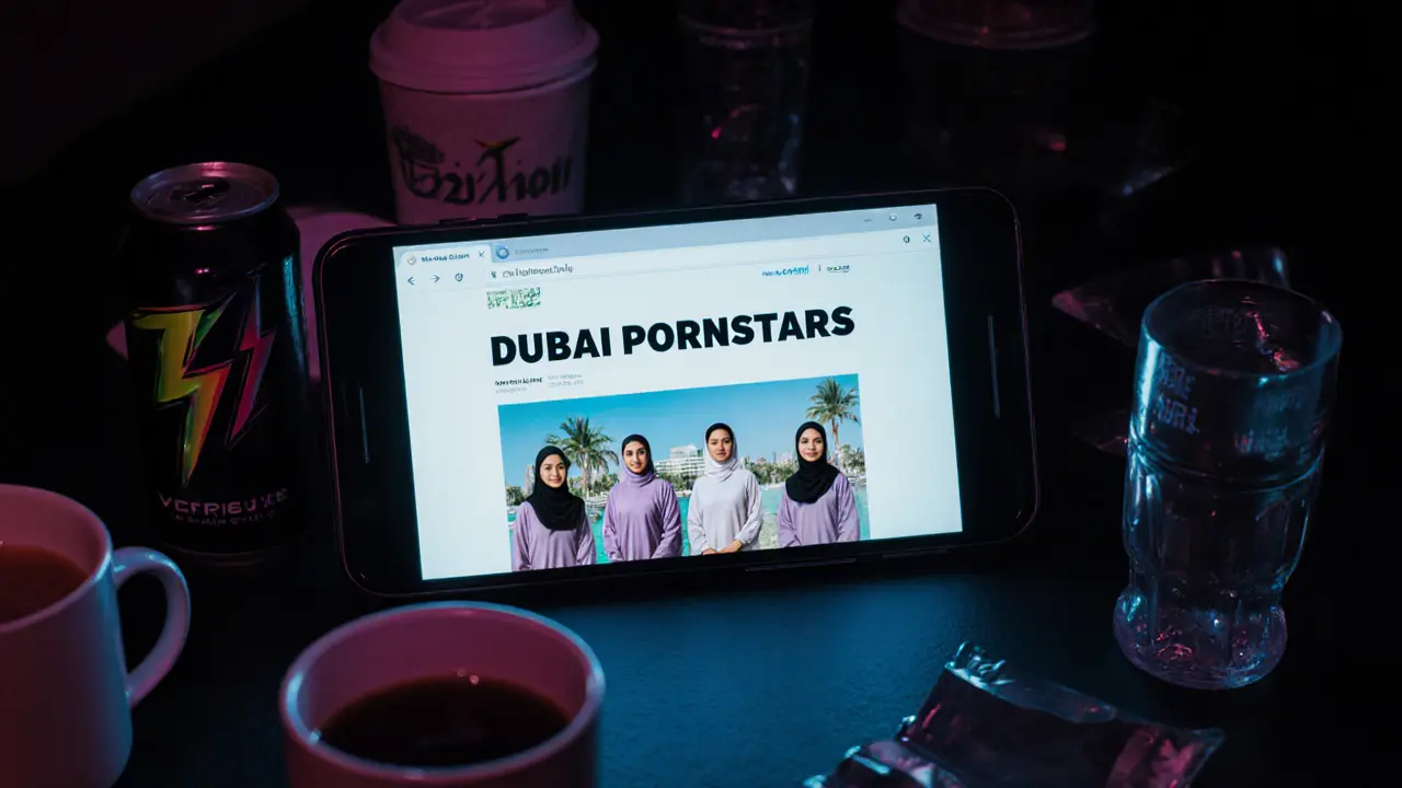 Smartphone showing a fake &#039;Dubai pornstars&#039; website with AI-generated faces and abaya-clad women.