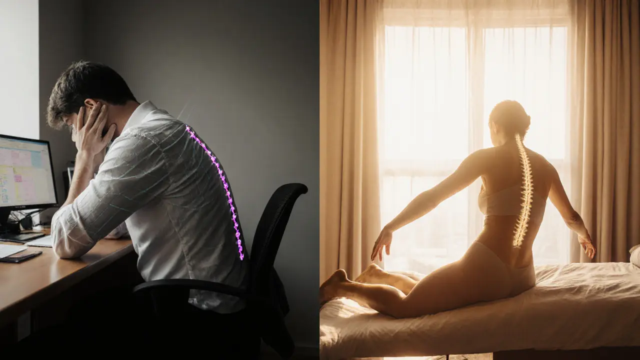 Split image showing a stiff office worker transforming into a relaxed, flexible person after a sex massage session.