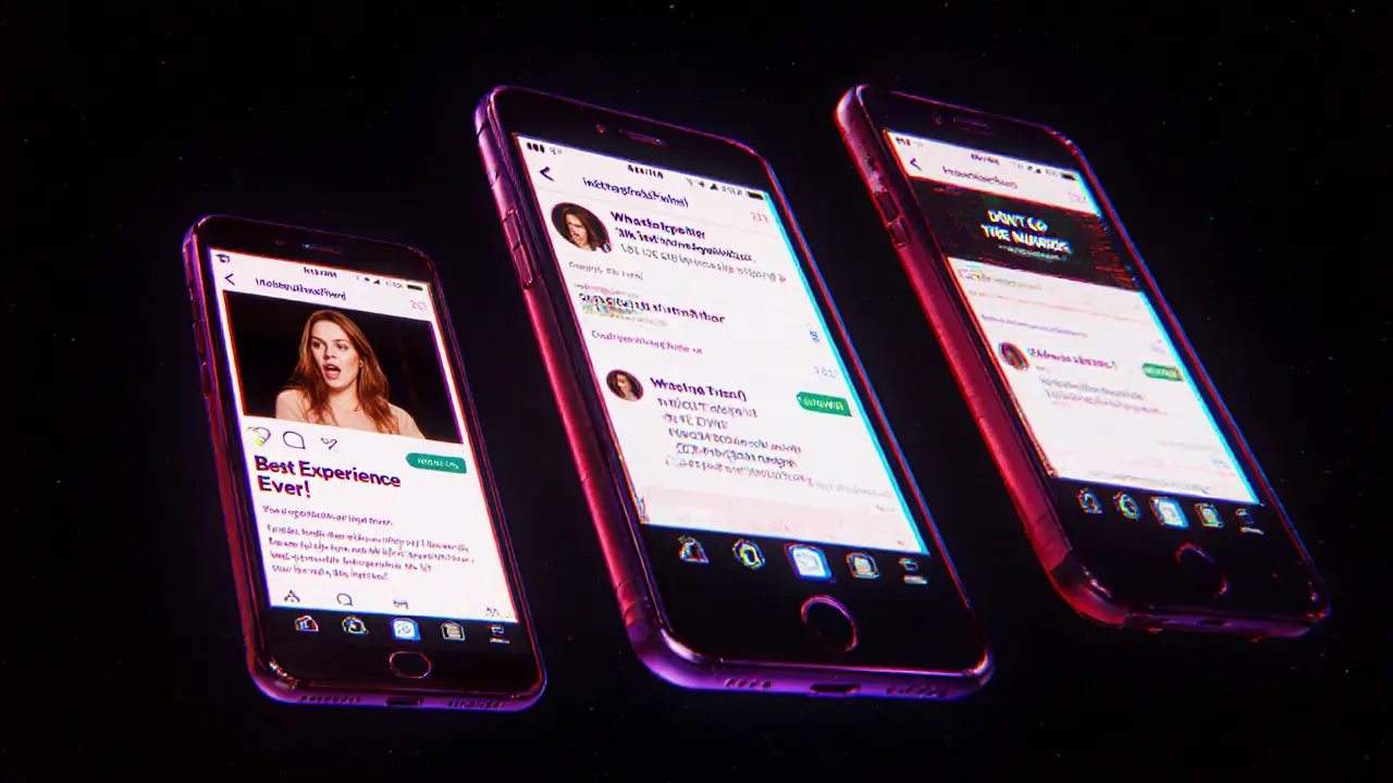 Three digital screens display fake reviews, warning messages, and duplicated profiles in a dark void with glitch effects and vivid colors.