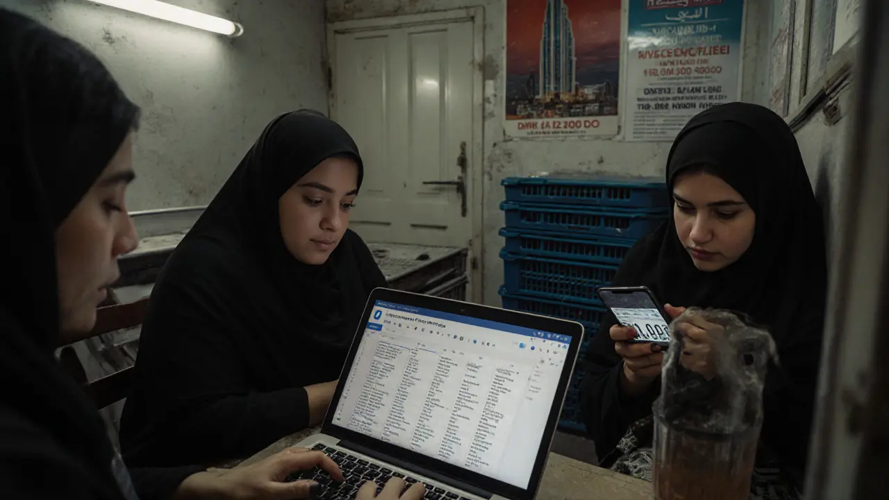 Three women in a laundromat share client warning information on laptops and phones.
