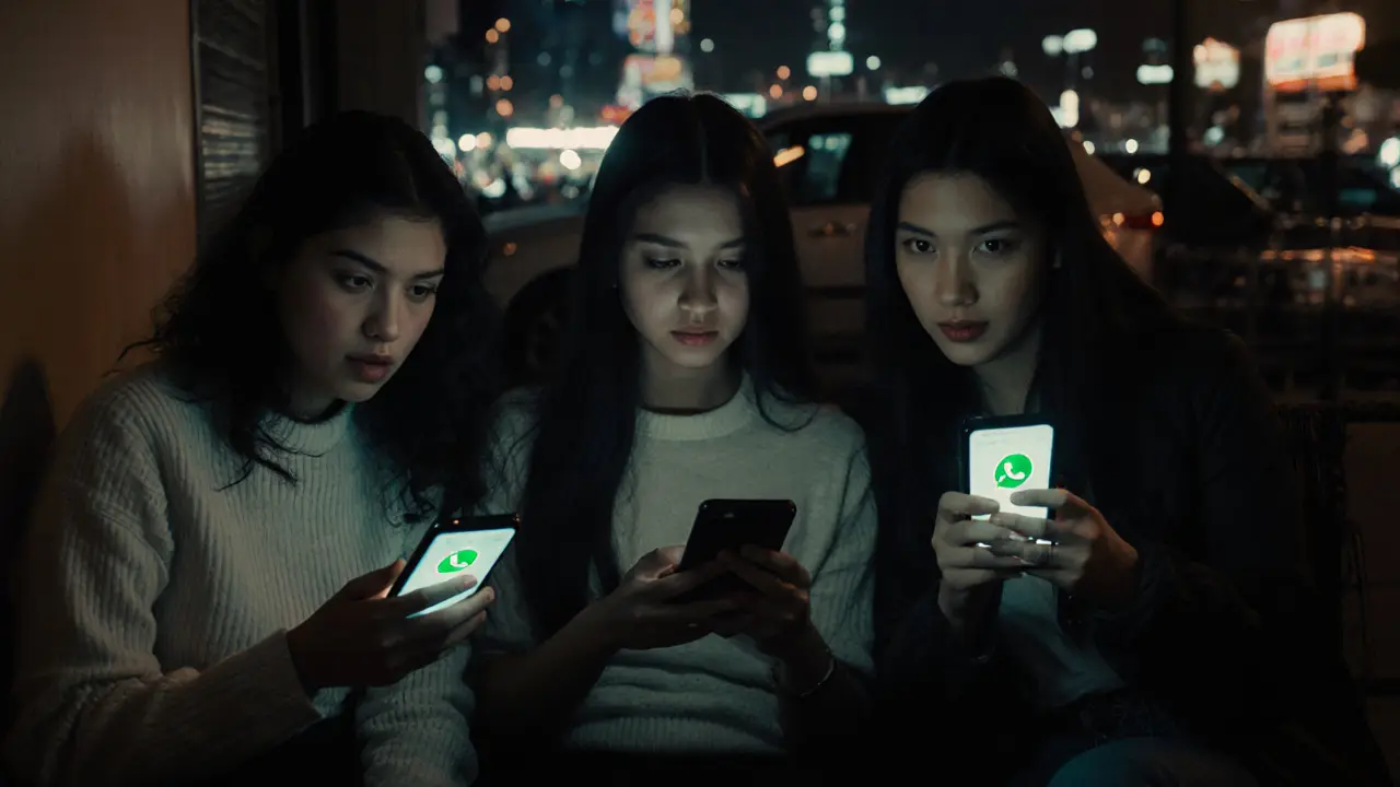 Three women in hidden locations sharing support through encrypted video calls at night.