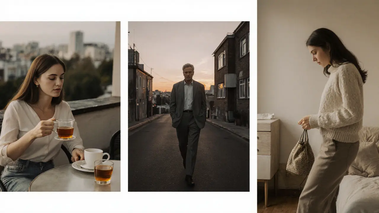 Three women in quiet moments: one with a client at a café, another walking alone, a third packing in a modest room.