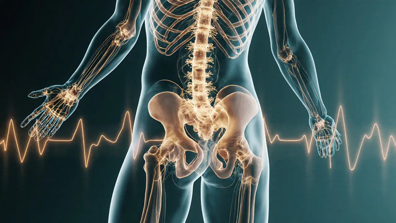Transparent human figure with glowing nerve pathways activating from skin to brain during therapeutic touch, illustrating neuromuscular release.