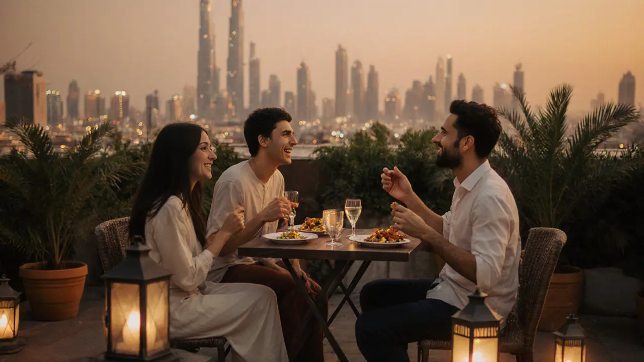 Two couples enjoying a quiet dinner on a Dubai rooftop at sunset, holding hands respectfully.