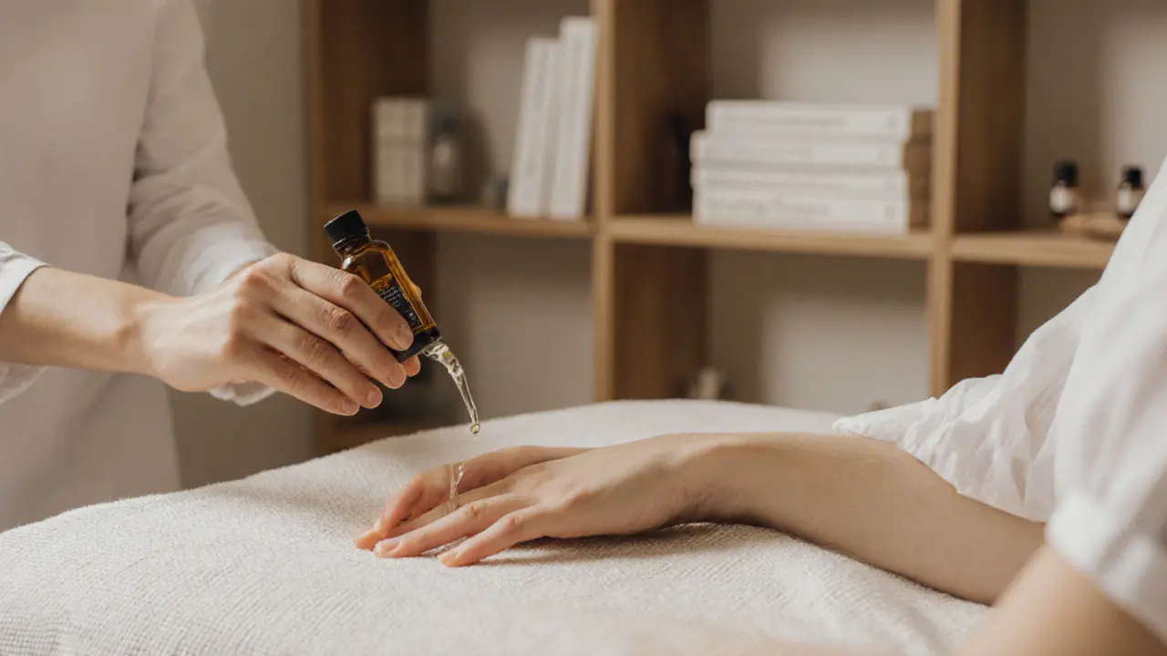 Two hands gently handling warm oil and a cotton sheet, symbolizing professional, tender touch in a minimalist therapeutic setting.