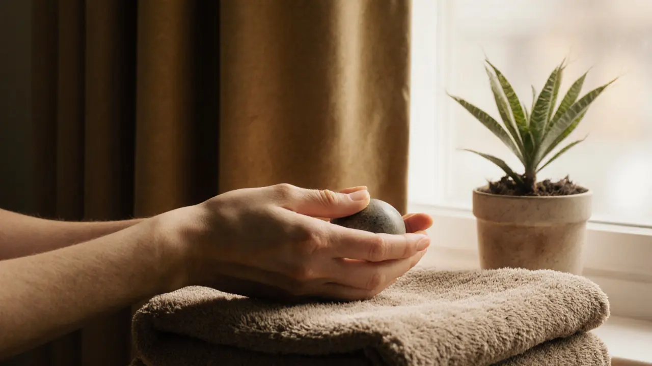 Two hands holding a warm stone and a folded towel, symbolizing safe, ritualistic sensory exploration in a modest setting.