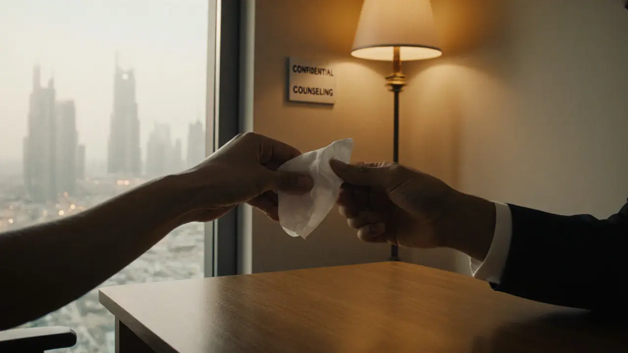 Two hands nearly touch across a therapy table, warm light glowing in a quiet office.