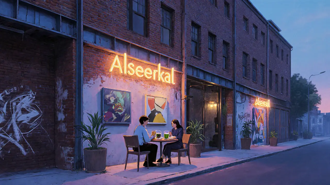 Two people enjoying coffee at a minimalist art district café under soft evening lights.