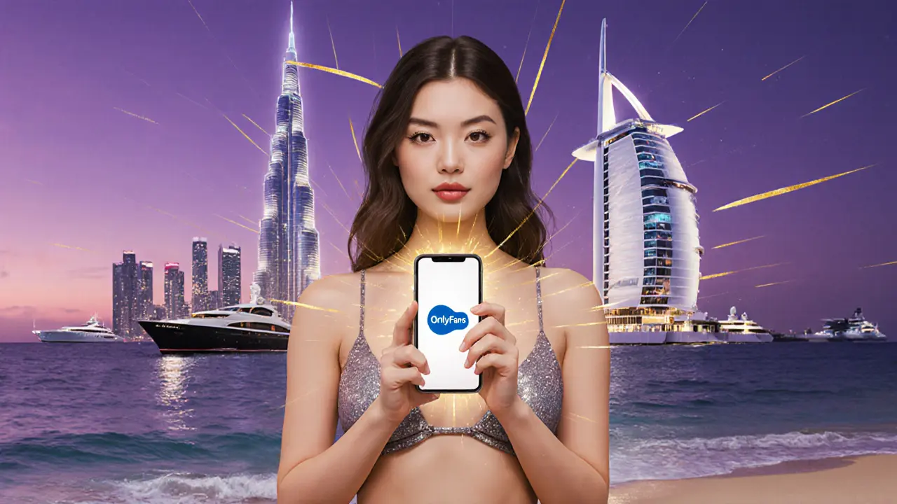Woman on Thai beach with Dubai skyline mirage, holding phone showing OnlyFans logo, surreal fantasy style.