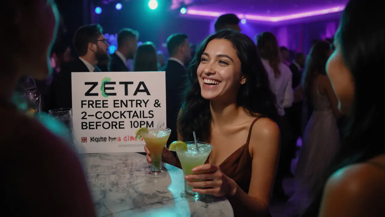 Woman receiving two free cocktails during ladies night at a Dubai strip club, surrounded by friends in elegant attire.