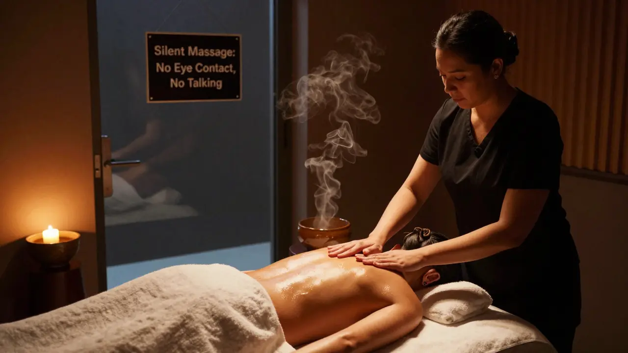 A client experiencing a silent massage in Dubai, with no eye contact or conversation, surrounded by calm, dim lighting.