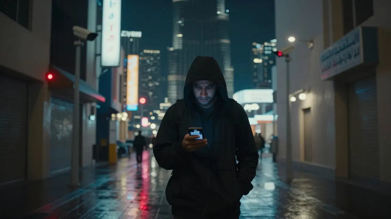 A figure walking through neon alleys in Dubai at night, watched by surveillance cameras.