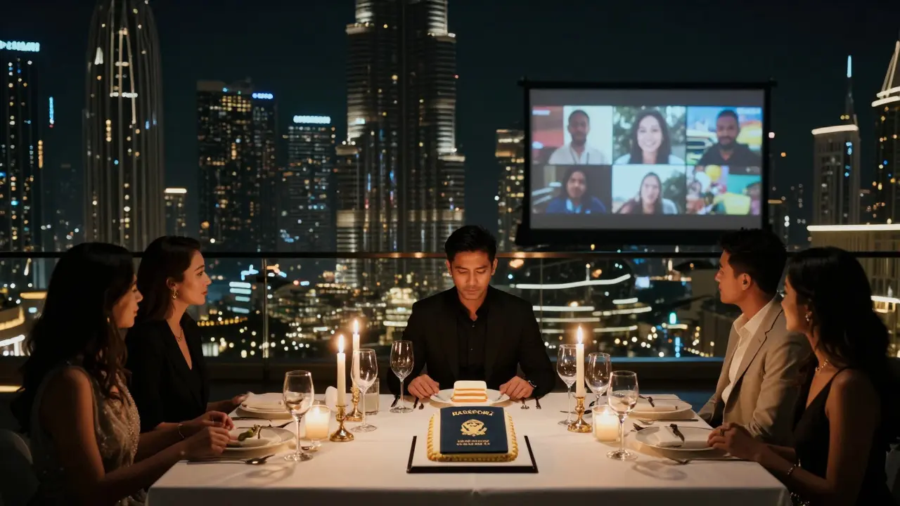 A groom sits at a candlelit rooftop table high above Dubai, facing a custom cake as silent video messages play on a hidden screen.