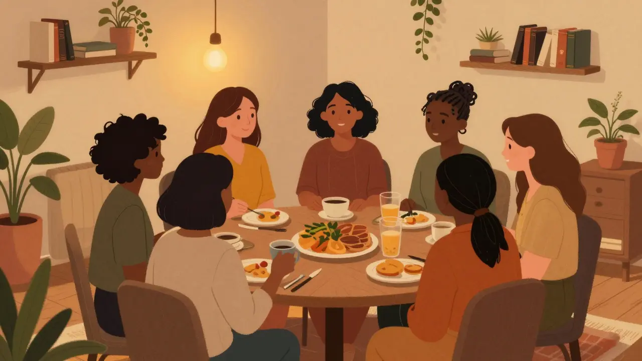 A group of women share a quiet dinner in a warm, intimate home, united in solidarity, no men present.