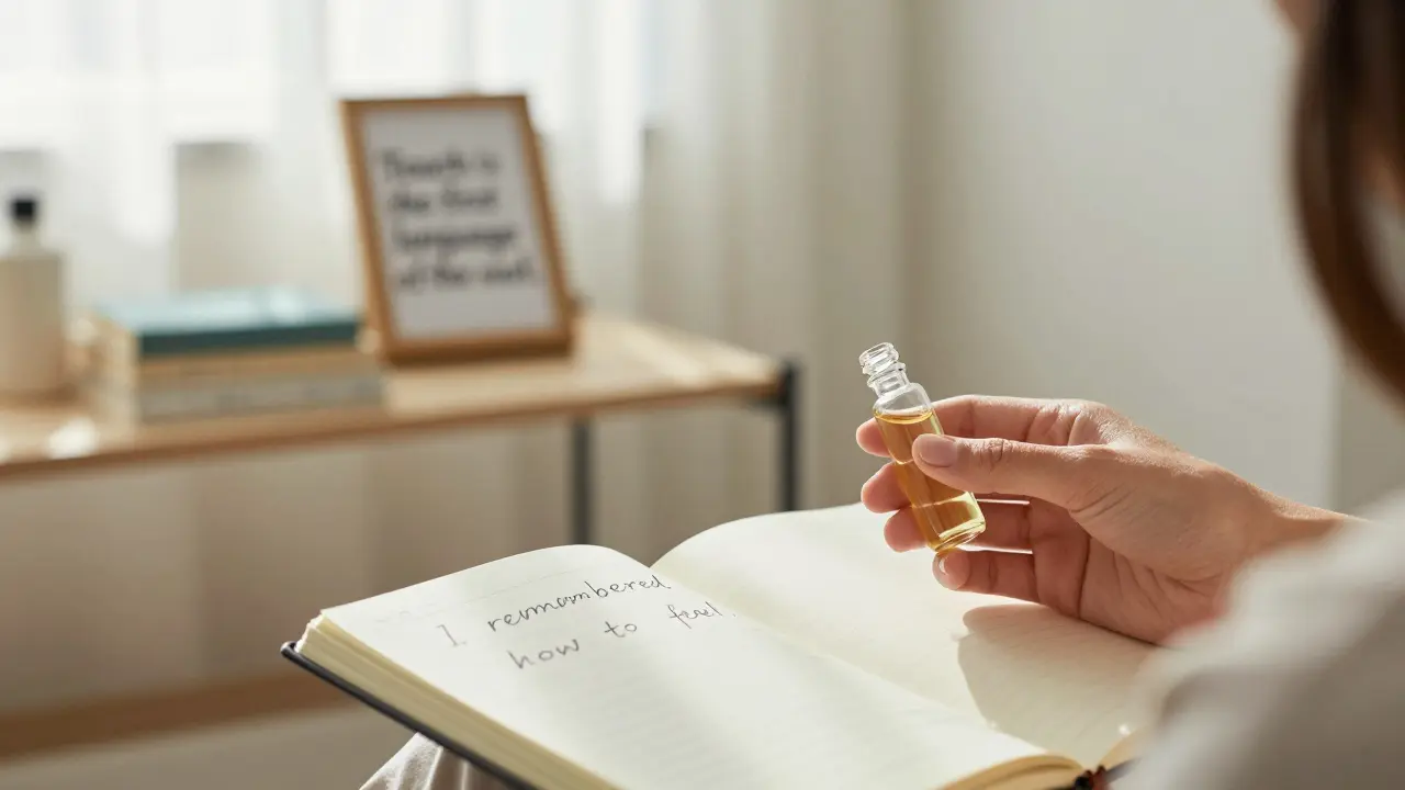 A hand holding aromatic oil beside a journal with the handwritten note 'I remembered how to feel.'