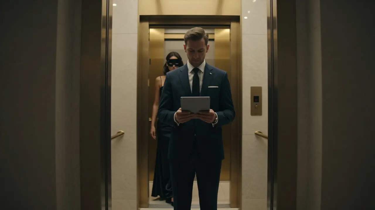 A hotel concierge and a masked woman exiting a private elevator in silence, set against the opulent backdrop of Dubai's Burj Al Arab.