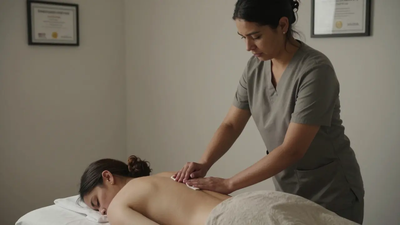 A licensed therapist performing a therapeutic massage on a client's back in a serene room.