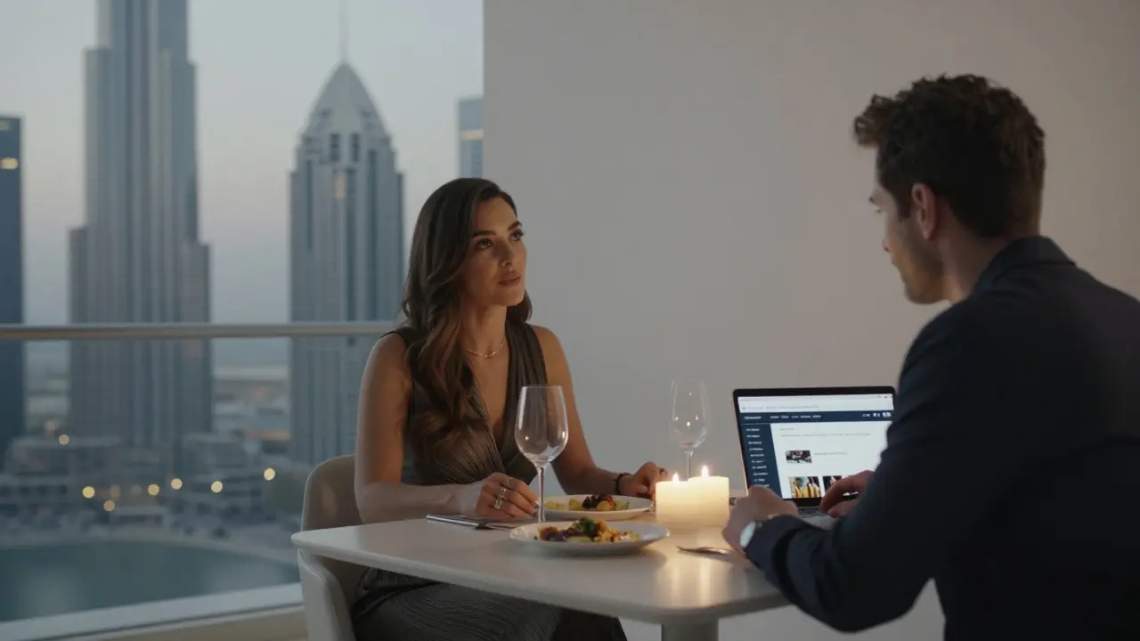 A man and woman share a quiet dinner in a Dubai apartment, candlelight casting soft shadows as they converse.