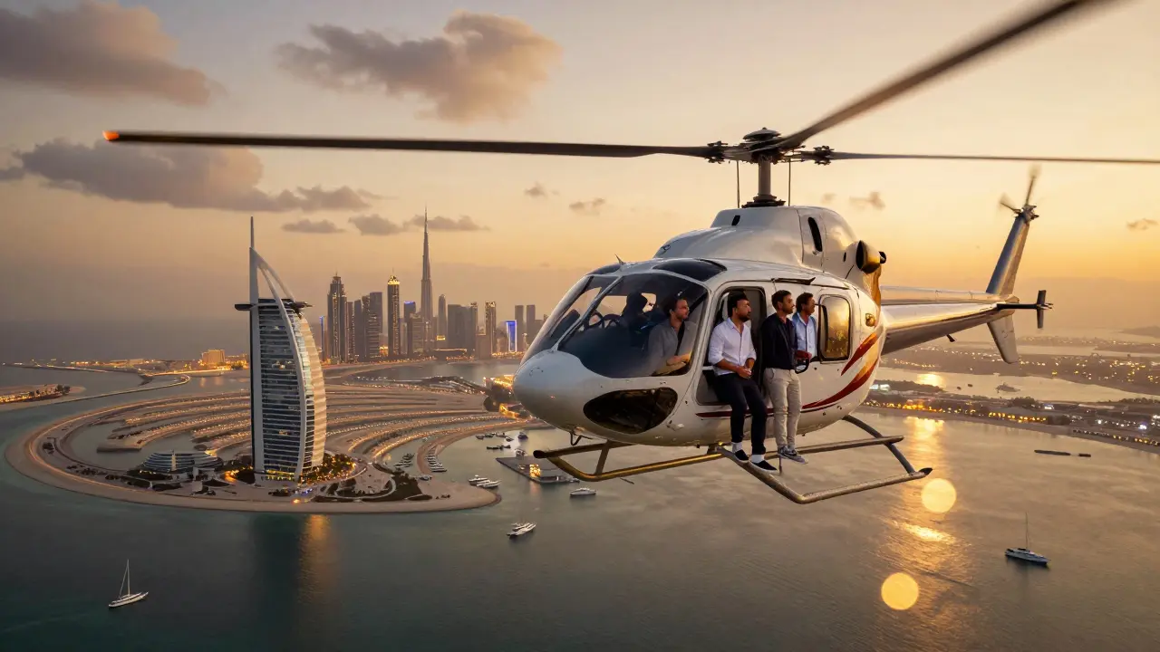 A private helicopter flies over Dubai’s Palm Jumeirah and Burj Khalifa at sunset, with passengers awestruck by the glowing city below.