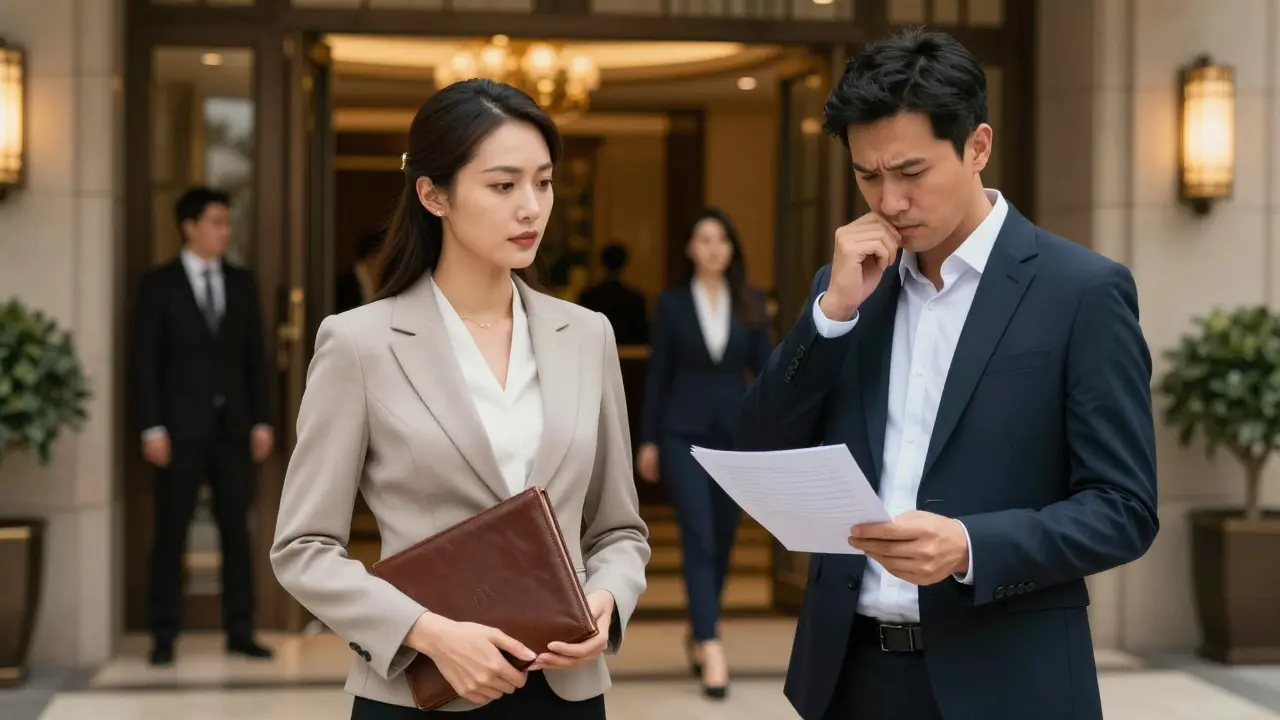 A professional woman and client standing in a luxury hotel lobby, reviewing a printed agreement under golden light.