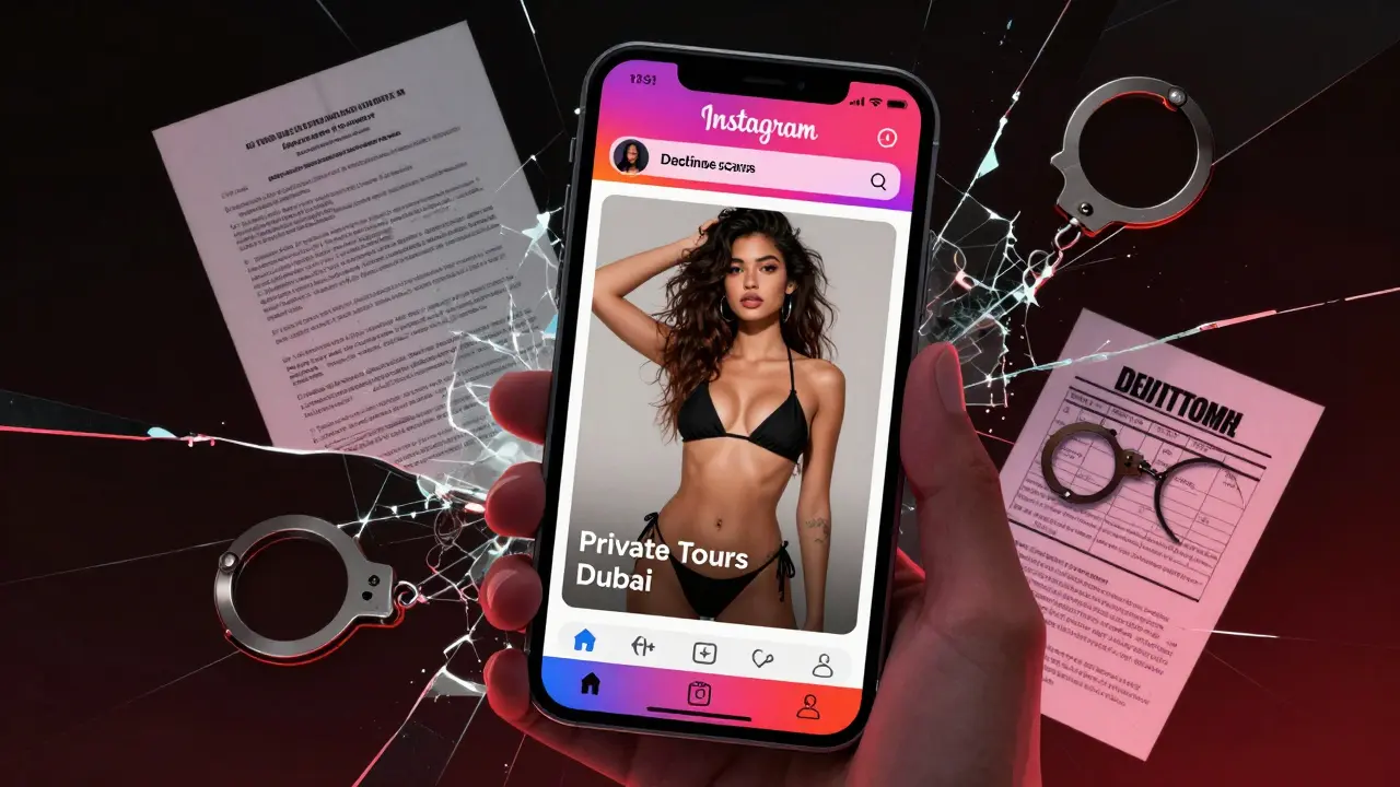 A shattered phone screen shows escort ads reflecting legal consequences like handcuffs and deportation papers.