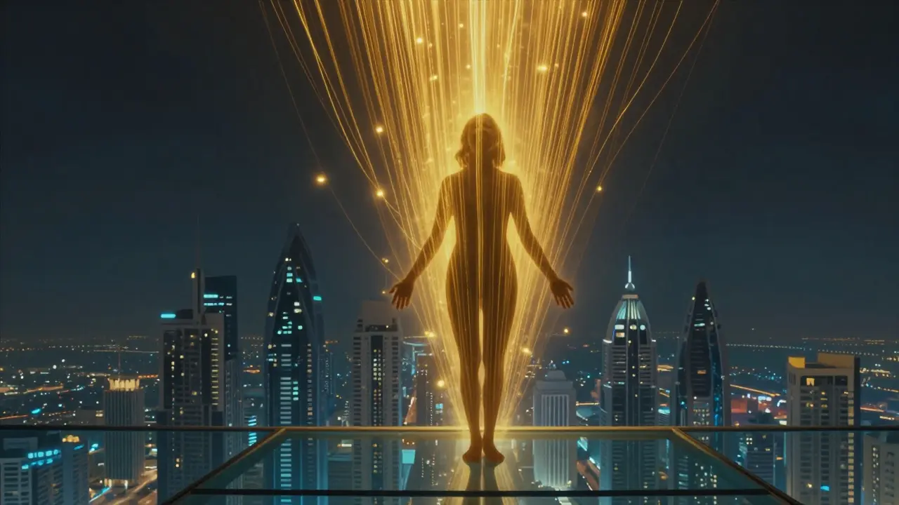 A silhouette rising with golden light above Dubai’s skyline, symbolizing emotional release and self-reconnection.