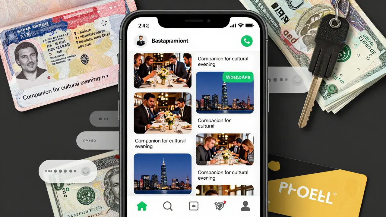 A smartphone displays a coded Instagram post for companion services alongside cash, a visa, and a hotel keycard.