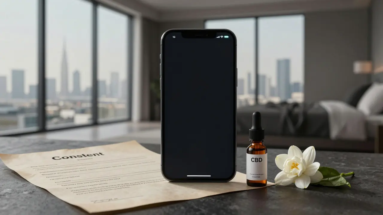 A smartphone glowing in a dark room beside a consent form and essential oil vial, symbolizing secure, intentional wellness booking.
