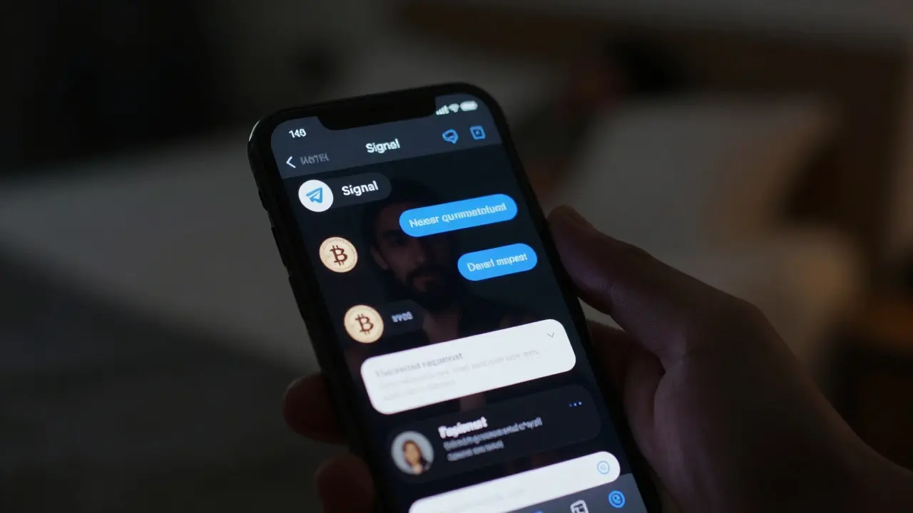 A smartphone screen in a dark room displays encrypted messages and crypto payments from Dubai users, no faces visible.