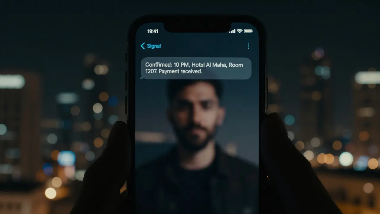 A smartphone screen shows an encrypted message confirming a hotel booking in Dubai.
