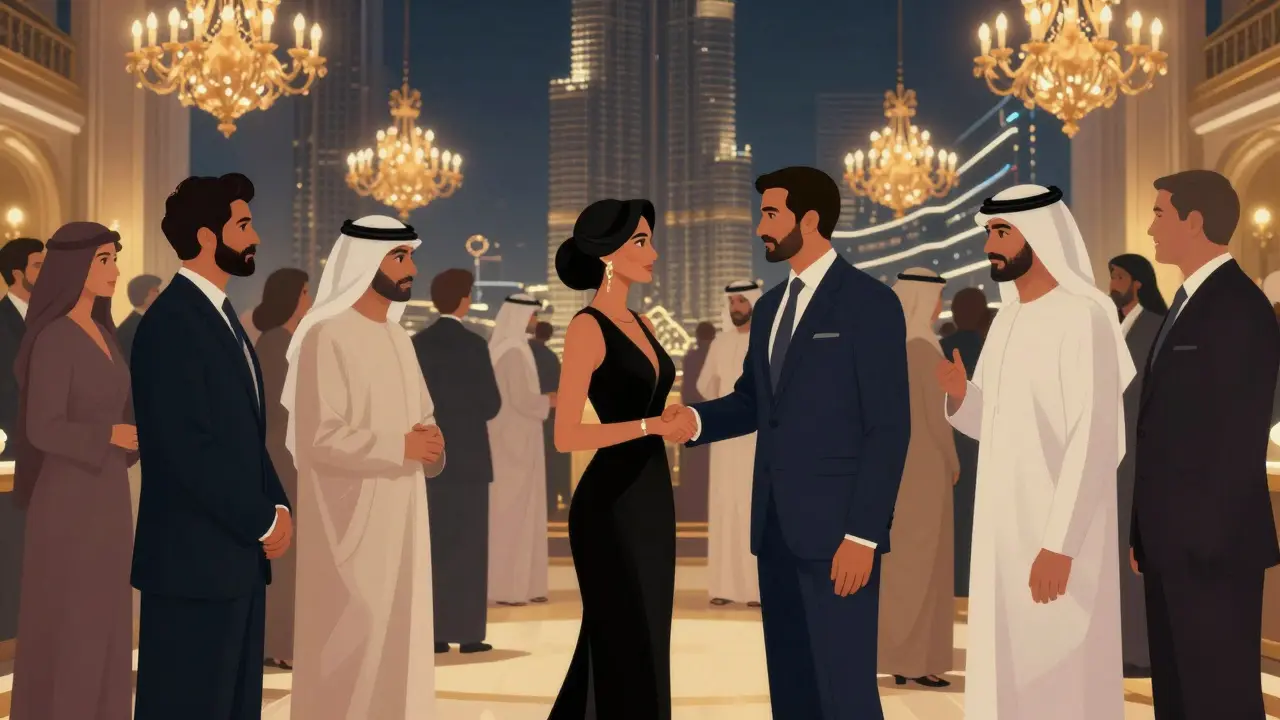 A sophisticated gala scene where a woman helps a man navigate a conversation with dignitaries in a grand ballroom.