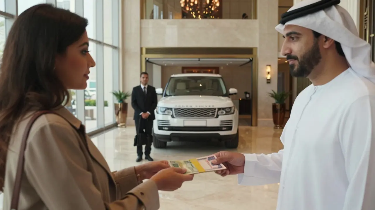 A woman handing cash to a man in a luxury Dubai apartment lobby, as a new car is wheeled into the garage.