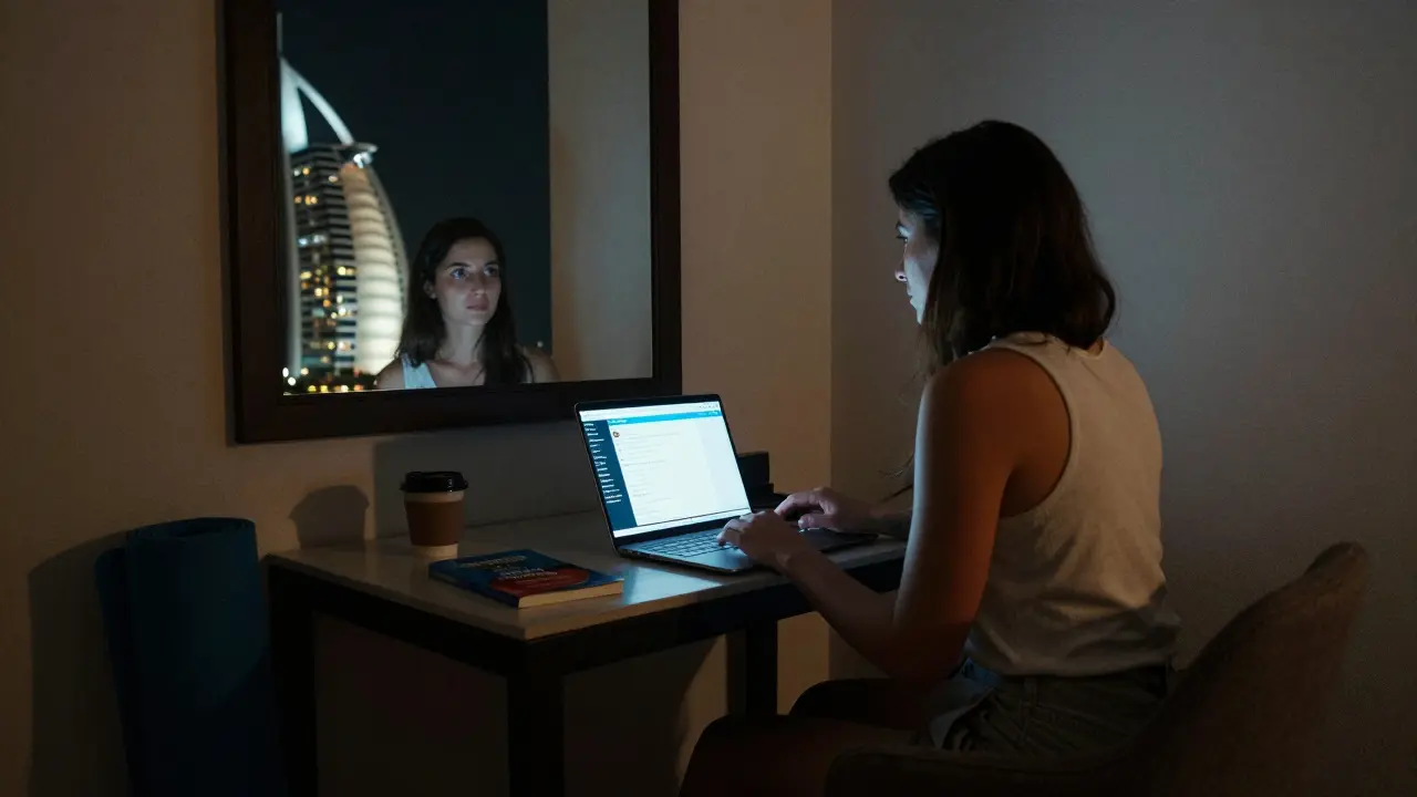 A woman in a hotel room working on a laptop, coffee and yoga mat nearby, city lights visible through the window.