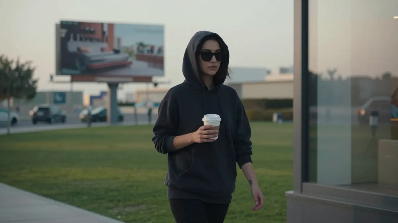 A woman walks alone in a Dubai park at dawn, hoodie up, sunglasses on, her hidden tattoo faintly reflected in a shop window.