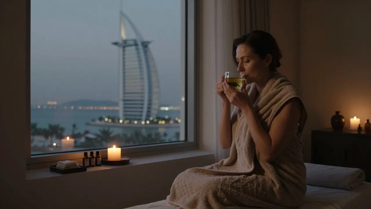 A woman wrapped in a towel sipping tea by a window overlooking Palm Jumeirah, embodying post-session peace and emotional restoration.