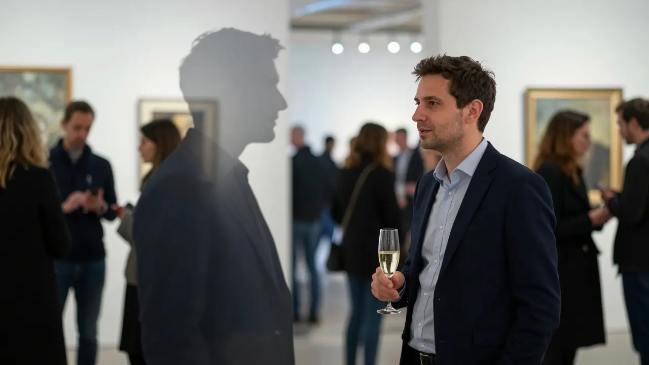 An artist at an art gallery opening, subtly supported by an unseen companion, symbolizing social presence and belonging.
