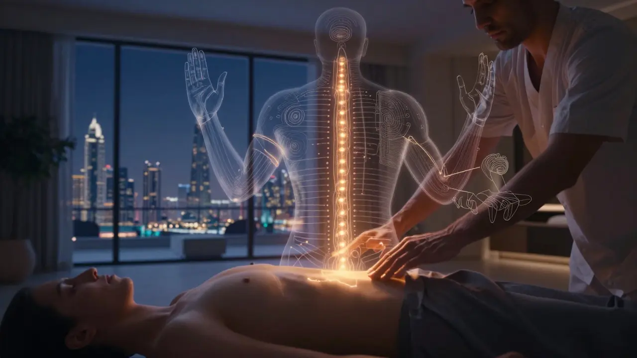 Artistic fusion of ancient Ayurvedic, Taoist, and Greek massage techniques glowing over a modern Dubai massage setting.