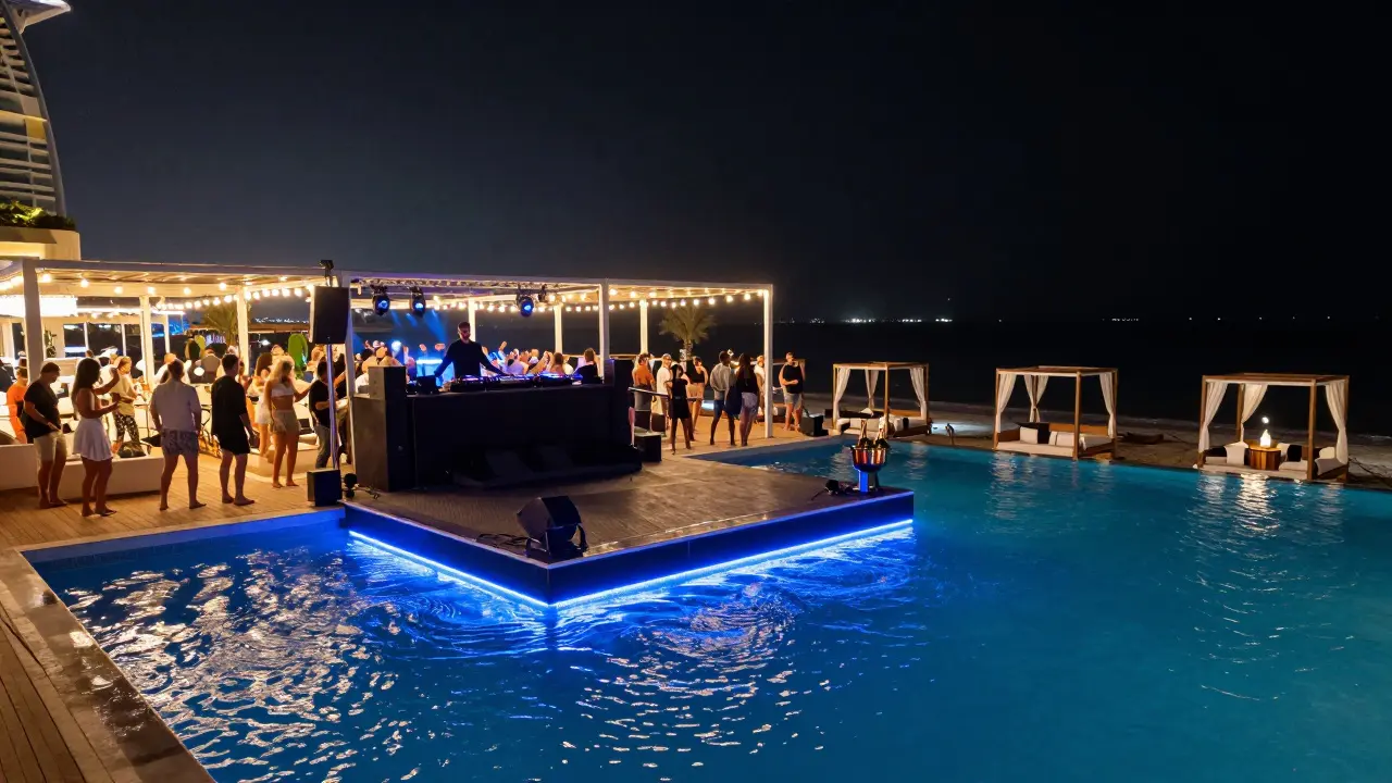 Catch Beach Club on a floating platform with dancers, bass vibrations, and glowing water under night lights.