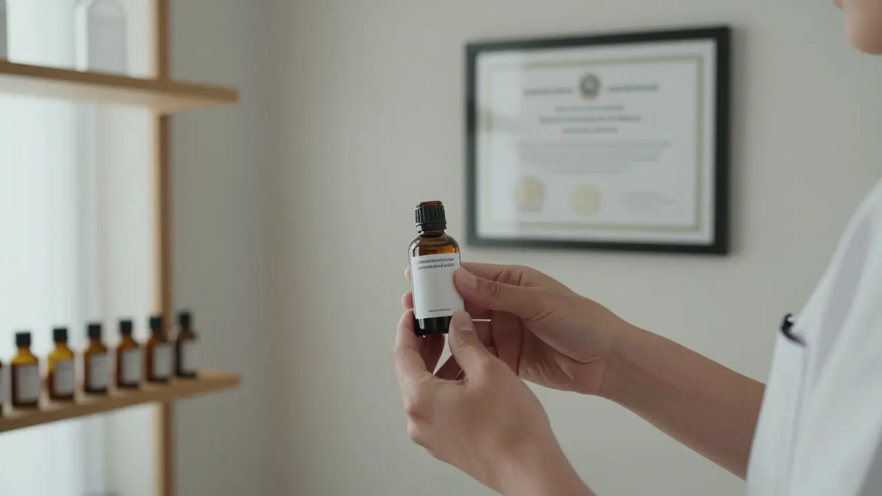Certified therapist’s hands holding organic oil, with a professional diploma visible on the wall in a clean, quiet room.