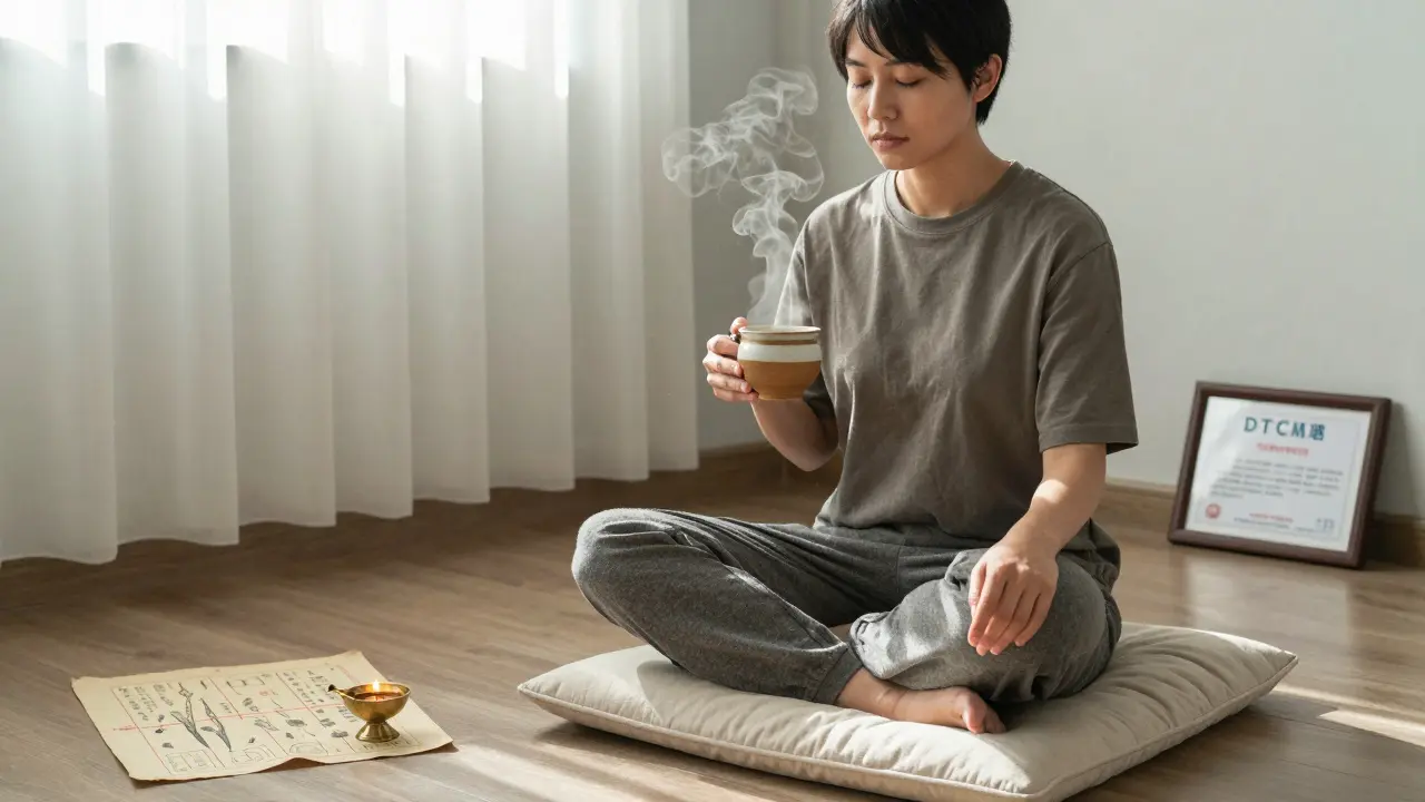 Client sitting peacefully after a session, drinking herbal tea as symbols of ancient healing traditions surround them.