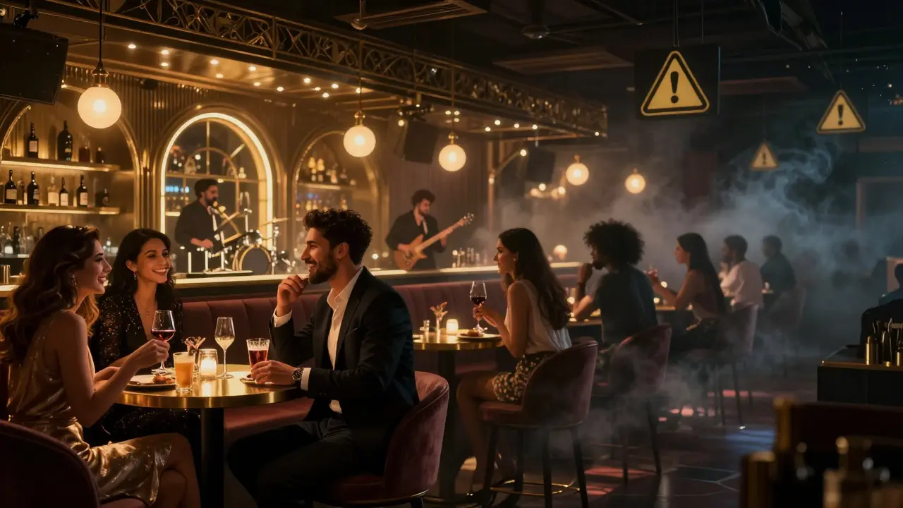 Contrasting scene: real upscale Dubai bar versus fading illusion of a strip club, symbolizing legal nightlife versus myth.