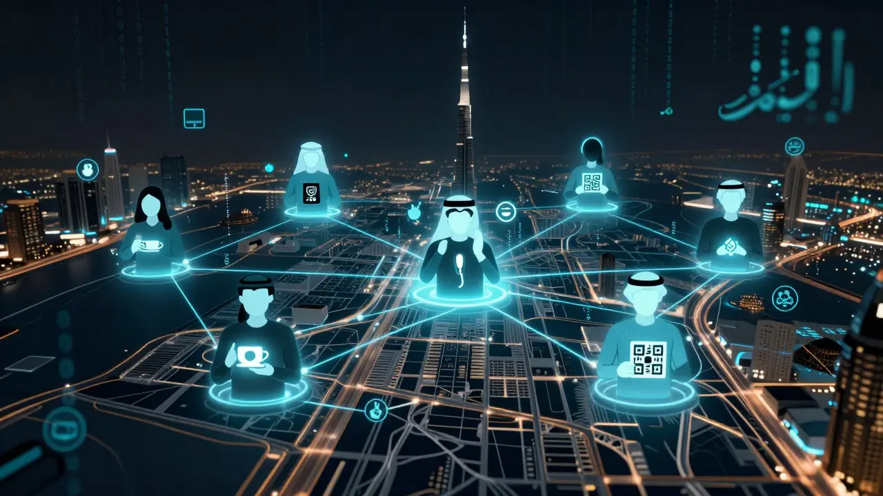 Digital illustration of anonymous creators connected by encrypted threads over Dubai, symbolic tools floating around them.