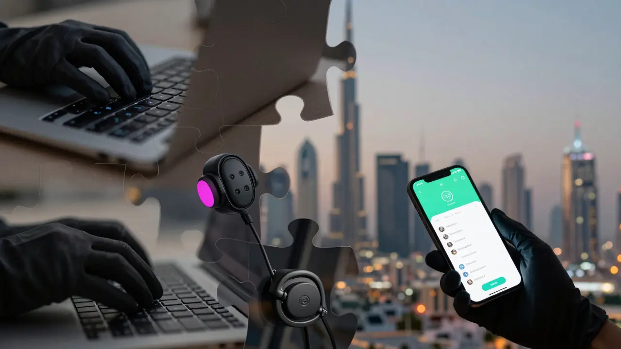 Digital tools of anonymity: gloved hands, voice modulator, burner phone, and encrypted apps against a blurred Dubai skyline.