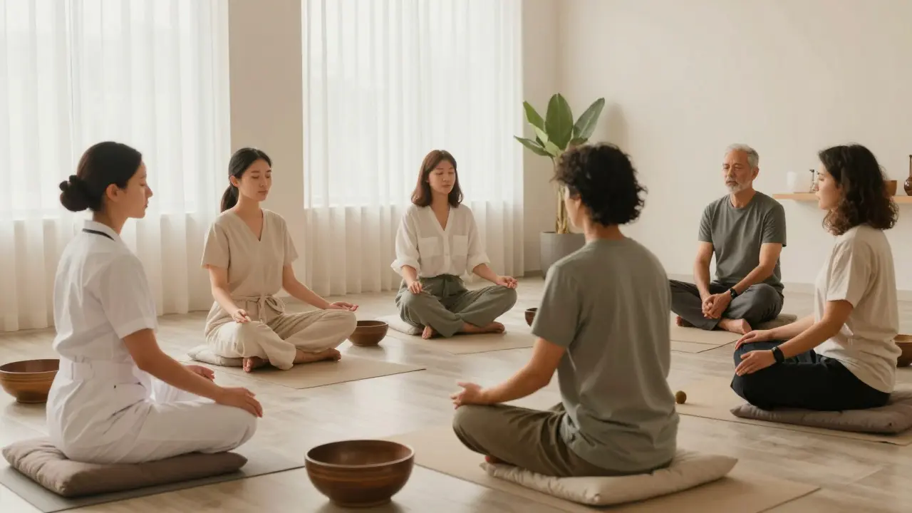 Diverse group practicing breathwork and chakra balancing in a calm, minimalist classroom setting.